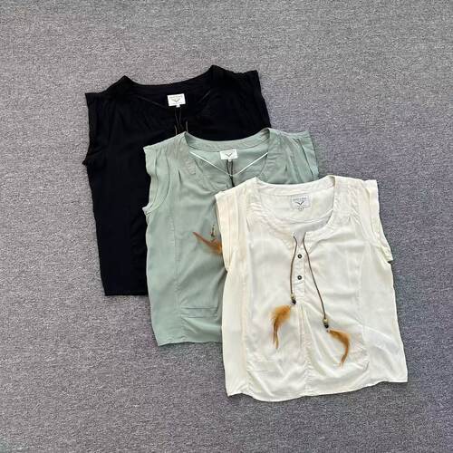 B2252夏季新款羽毛装饰无袖衬衫女V领宽松显瘦休闲小飞袖上衣