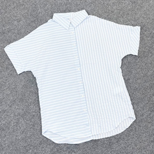 不对称条纹休闲衬衫 女装 学生翻领单排扣宽松衬衣 新款 J3021夏季