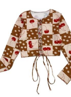 C2004夏季新款女装大格子樱桃印花长袖上衣交叉系带短款T恤辣妹装