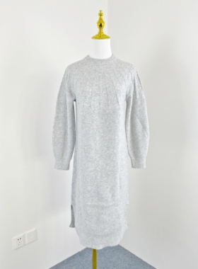 K2124日单新款女宽松套头插肩袖毛衣裙侧开叉秋冬针织打底连衣裙