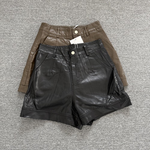 M7086高腰PU皮短裤女卷边阔腿A字版皮裤秋冬百搭短裤子靴裤