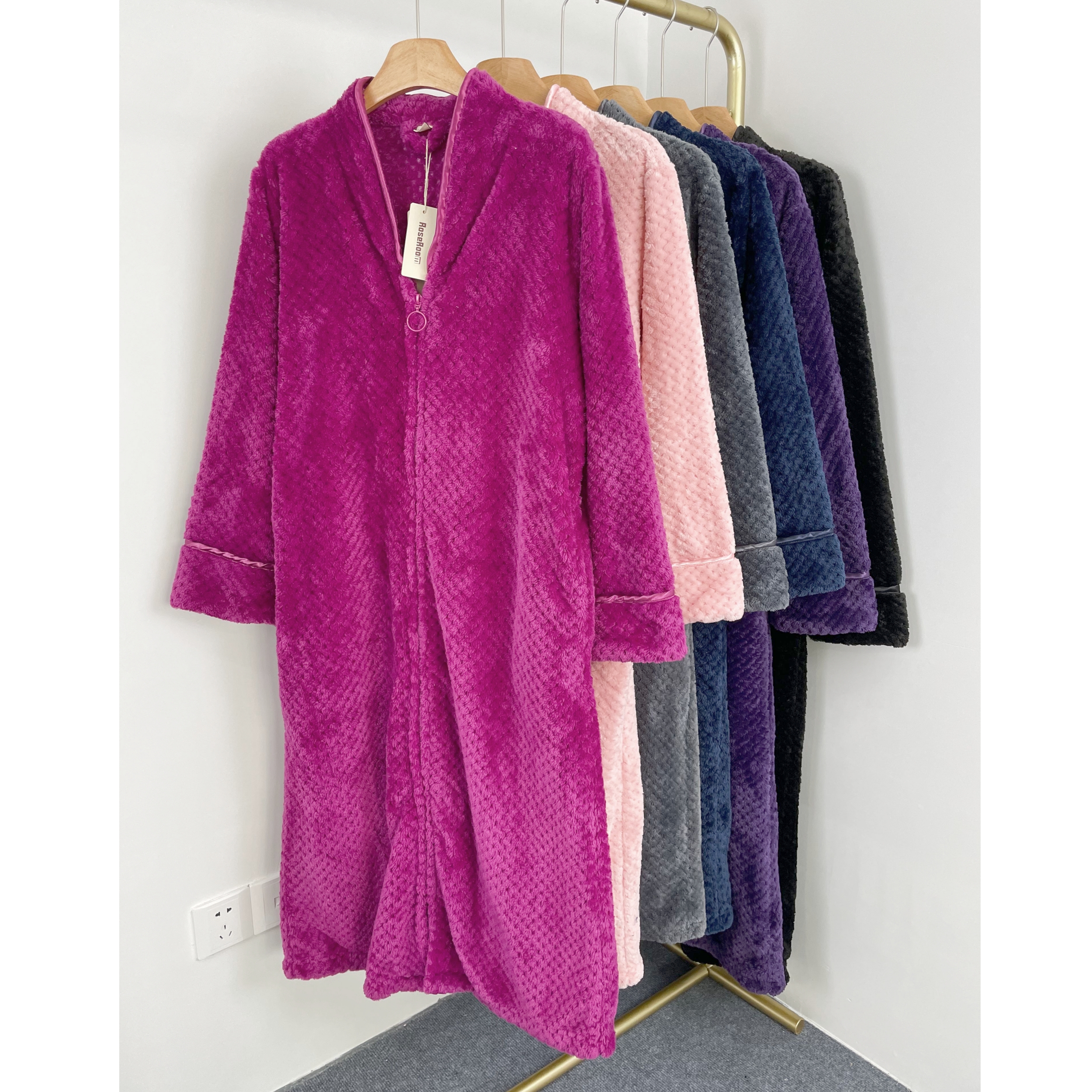 E5018秋冬新款双面绒菠萝格男女睡袍长款拉链懒人家居服宽松浴袍