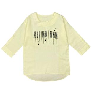 衬衫 中长款 琴键音符印花女棉麻上衣舒适透气可挽袖 E3117日单新款