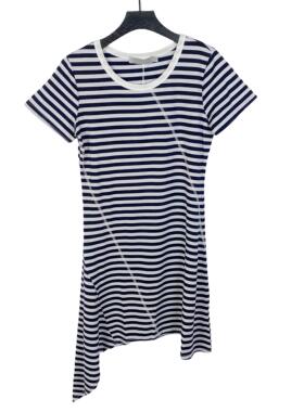 C2058外贸圆领清新条纹短袖女裙夏季不对称下摆设计感时尚连衣裙