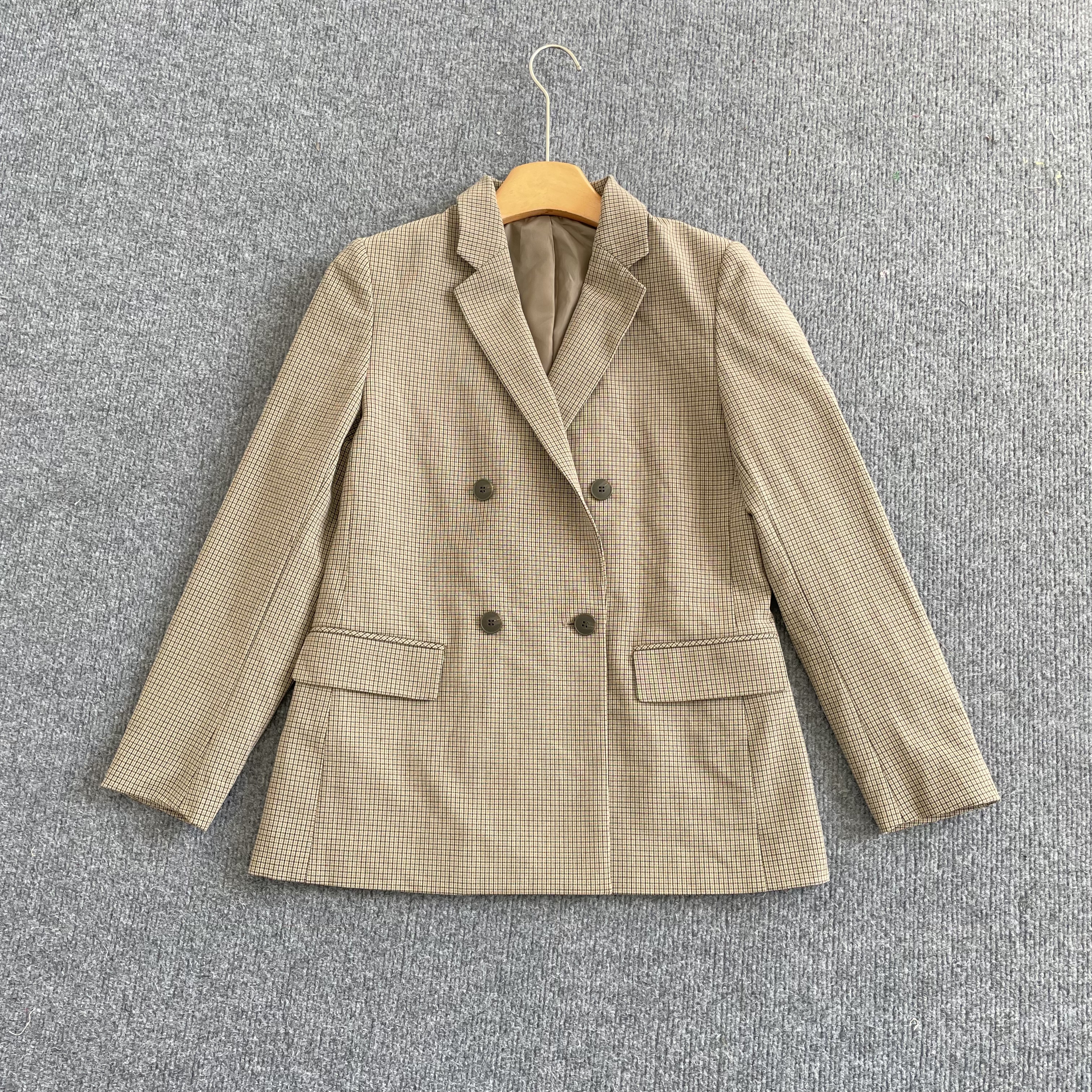 B7247优家春秋双排扣复古宽松通勤小西服中长款外套女通勤百搭