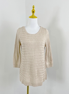 E7119圆领绞花时髦女线衫2026春季新款后背开叉雪纺拼接小众毛衣