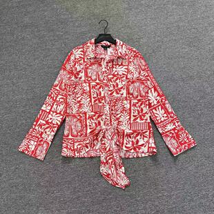 E7154春夏季薄款红白撞色度假风扭结系带喇叭袖翻领上衣