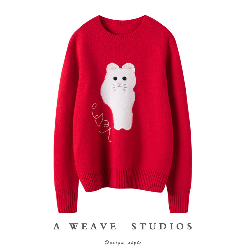 牧绒飞2024秋冬100%纯山羊绒毛衣女圆领宽松卡通图案