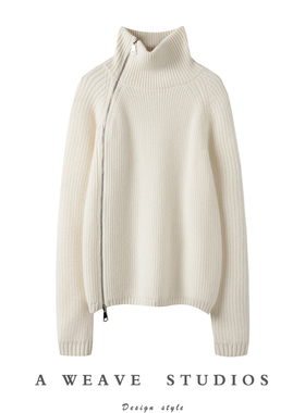 MRF〓绒+〓男女同款粗针重磅加厚斜拉链立领纯山羊绒衫女毛衣春