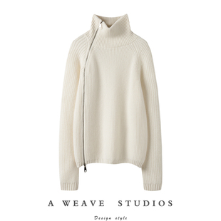 MRF〓绒+〓男女同款粗针重磅加厚斜拉链立领纯山羊绒衫女毛衣春