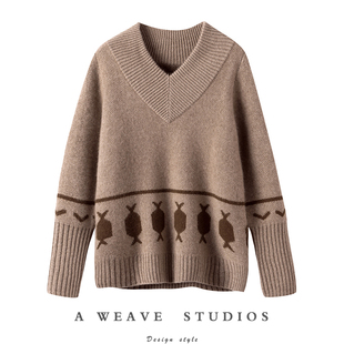 成熟 套头针织氛围上衣毛衣保暖 100%山羊绒V领羊绒衫 可爱