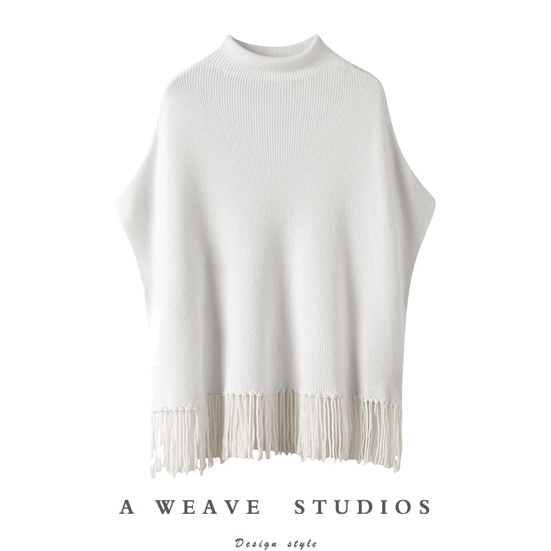 时尚个性半高领中长款100%纯羊绒衫女蝙蝠袖斗篷披肩针织毛衣外穿