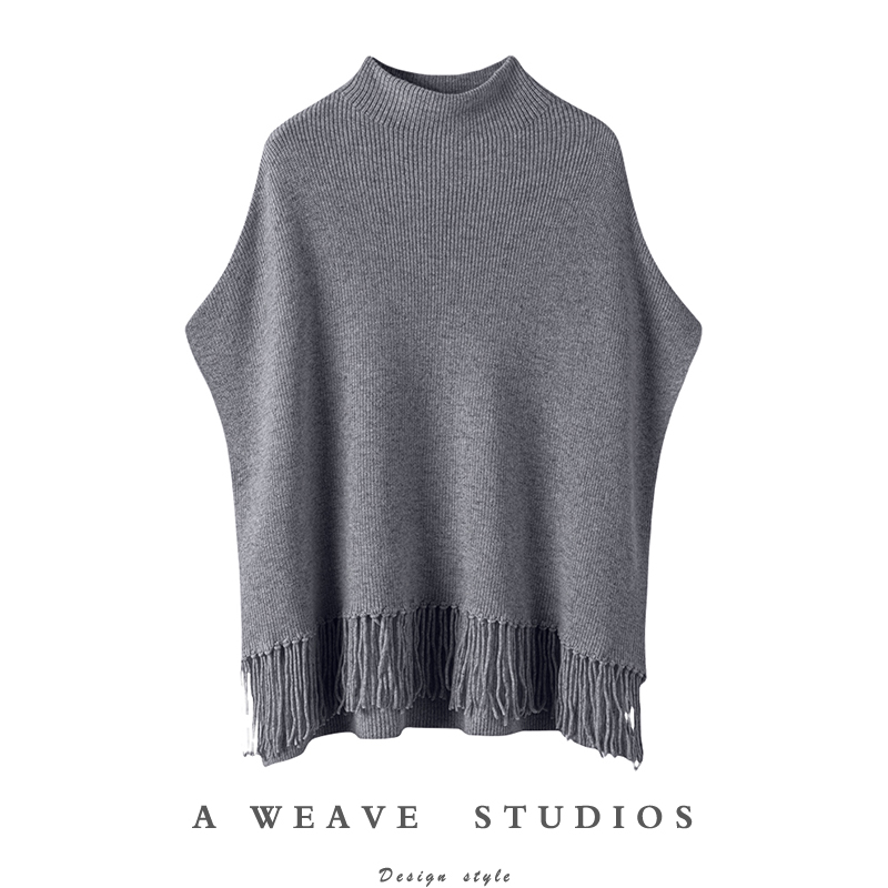 时尚个性半高领中长款100%纯羊绒衫女蝙蝠袖斗篷披肩针织毛衣外穿