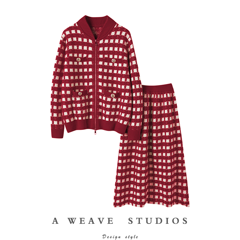 珍藏级别塔尖货！1000多克重磅加厚羊绒开衫女半身裙毛衣两件套装