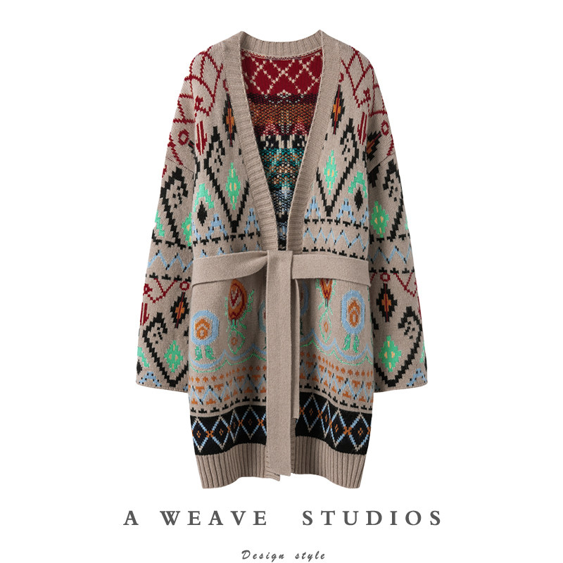 东方韵味！双面提花纯山羊绒毛衣女收腰披肩开衫大衣加厚外套