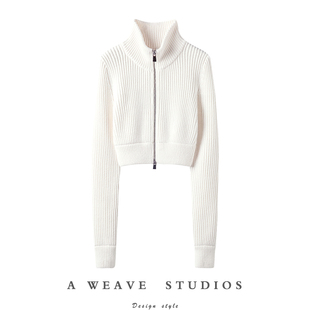 气质穿搭~100%纯山羊绒高领拉链短款针织上衣开衫女2024春新款