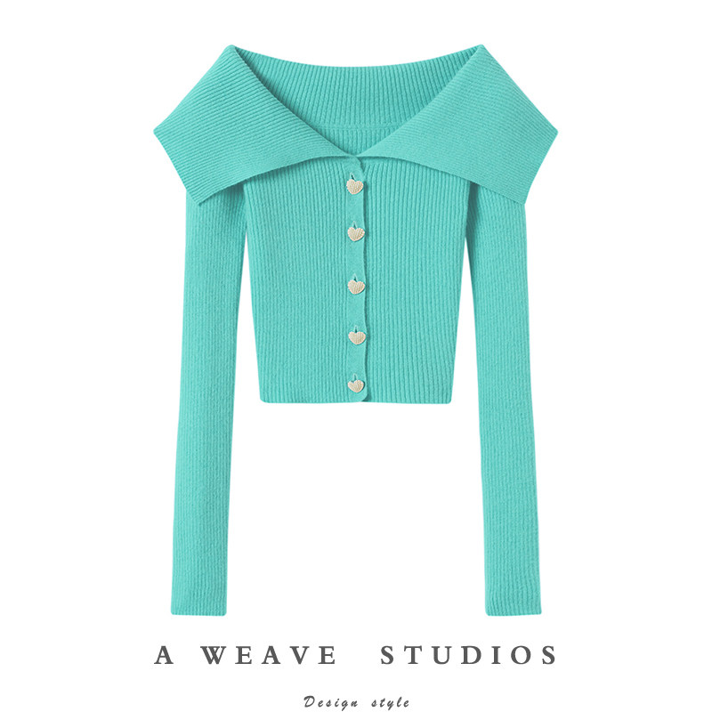 牧绒飞湖蓝色大翻领珍珠扣弹力山羊绒针织小开衫女2024冬