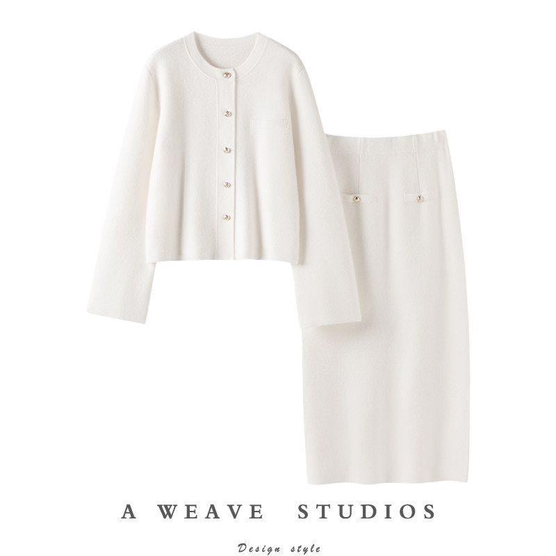 日常就这么气质！加厚100%纯山羊绒开衫女阔袖针织长款半身裙套装