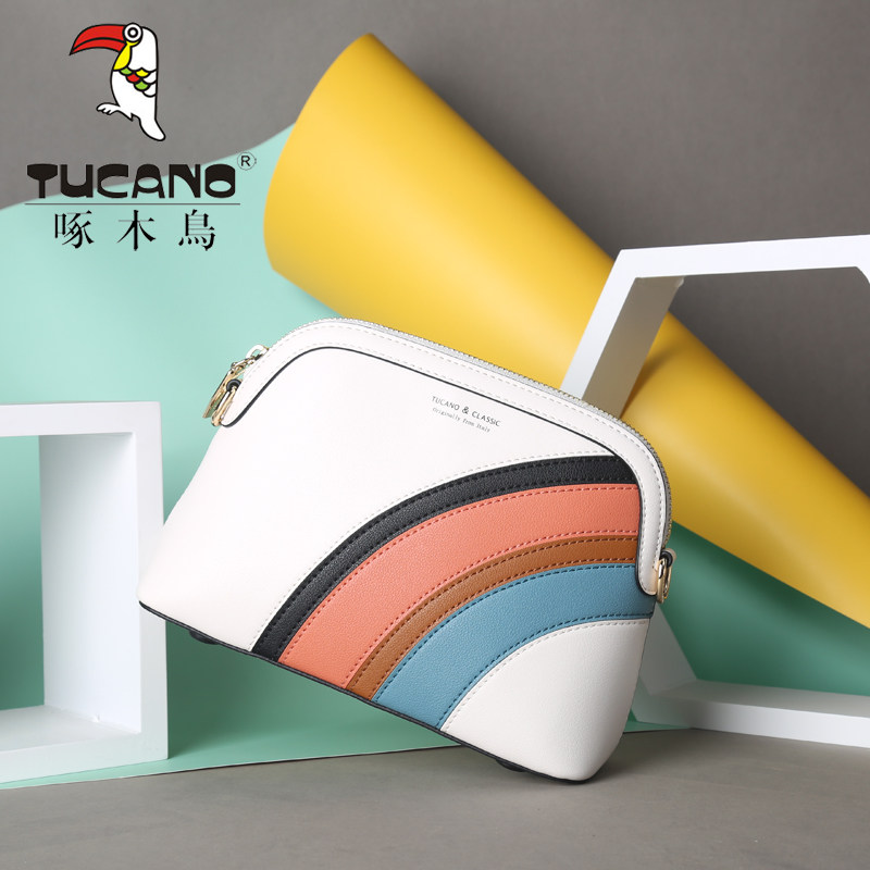 啄木鸟包包2020新款潮撞色时尚单肩斜挎包女士休闲简约小贝壳包