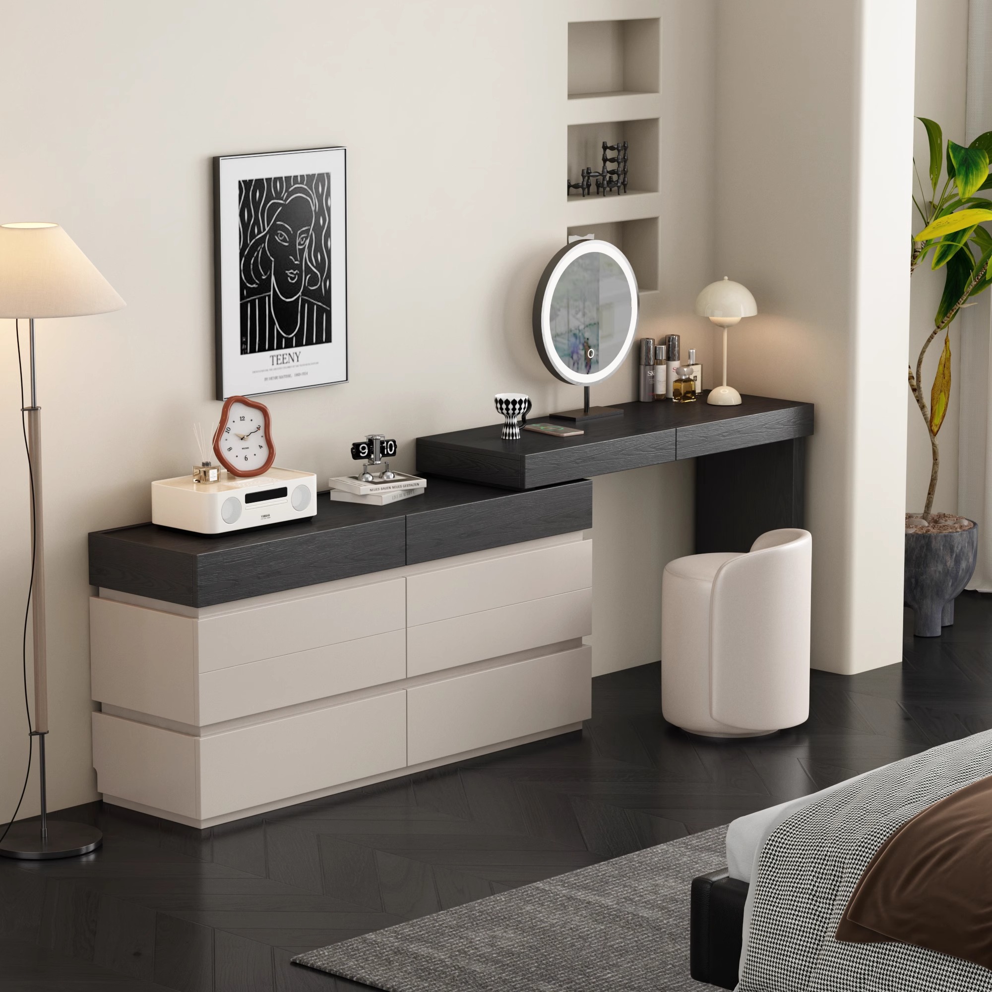 意式极简梳妆台小户型妆台斗柜一体柜可伸缩床尾柜储物柜