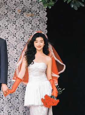 新款高级感红色个性样片写真头纱头饰森系结婚拍照写真配饰道具