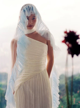 新款新娘复古蓝色荷叶边长头纱旅拍样片头饰森系结婚拍照写真配饰