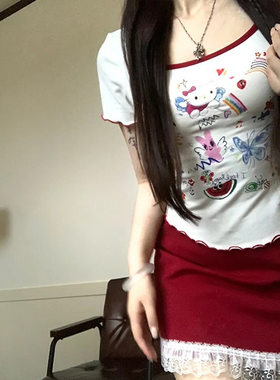 2026夏季新款大码胖妹妹甜辣少女卡通印花短袖T恤红色短裙两件套