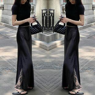 法式高级感蕾丝拼接醋酸黑色半身裙女夏季高腰显瘦中长缎面包臂裙