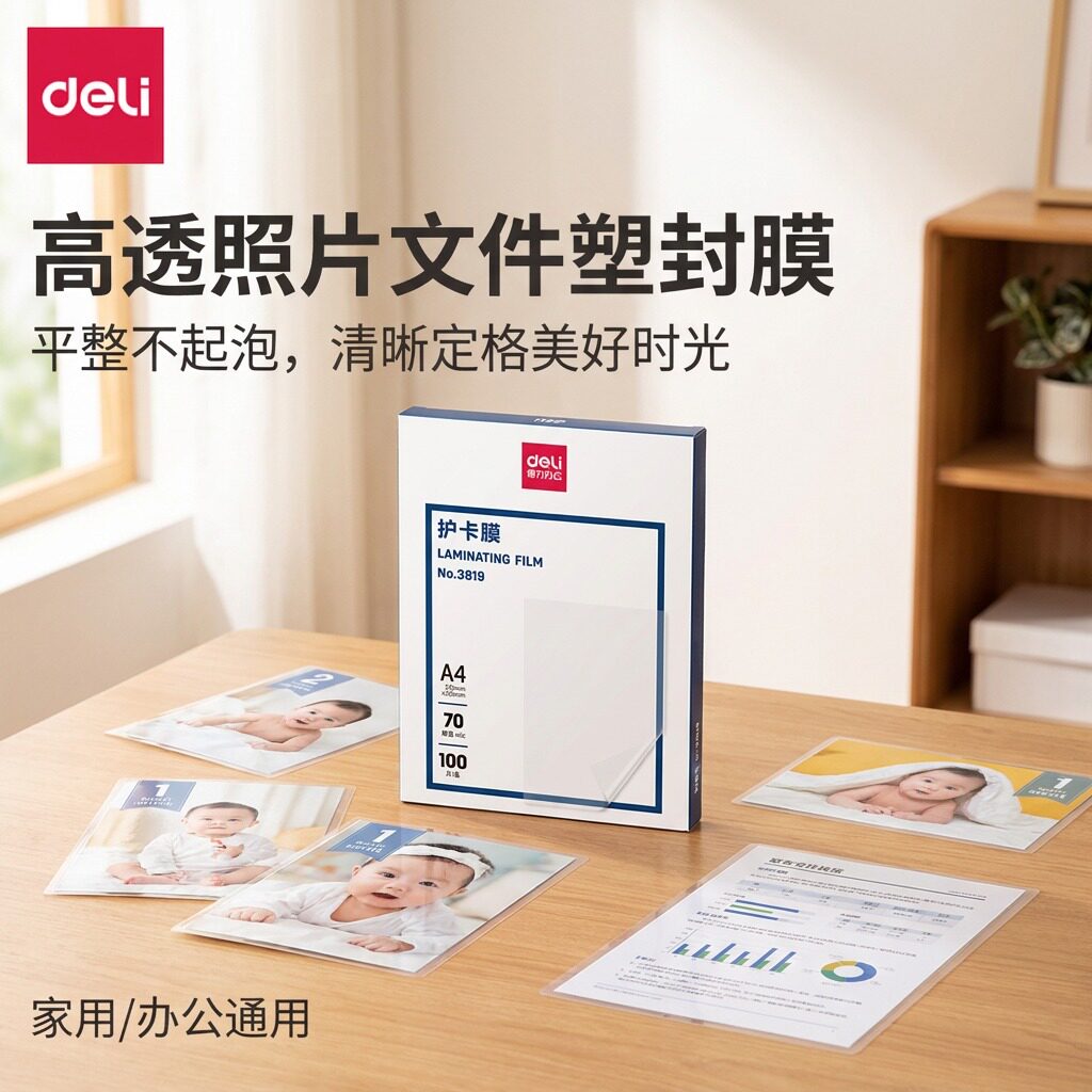 得力塑封膜A4透明护卡膜自封照片文件过塑膜塑封机专用耗材热缩膜3寸5寸6寸7寸透明相片保护膜过胶膜