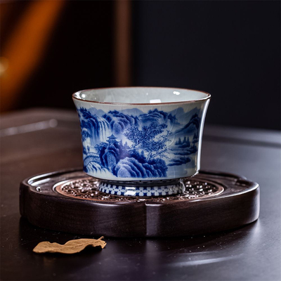 景德镇老陶泥马蹄山水主人杯陶瓷手工茶杯品茗杯功夫茶具单杯茶盏