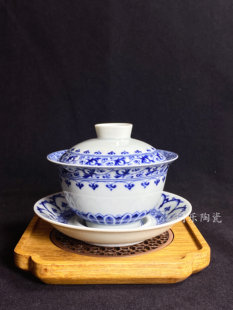 景德镇仿古青花瓷宝象纹盖碗三才泡茶碗功夫茶具家用高端茶具中式