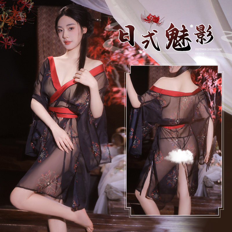霏慕雪纺女透明后开叉纯欲和服袍