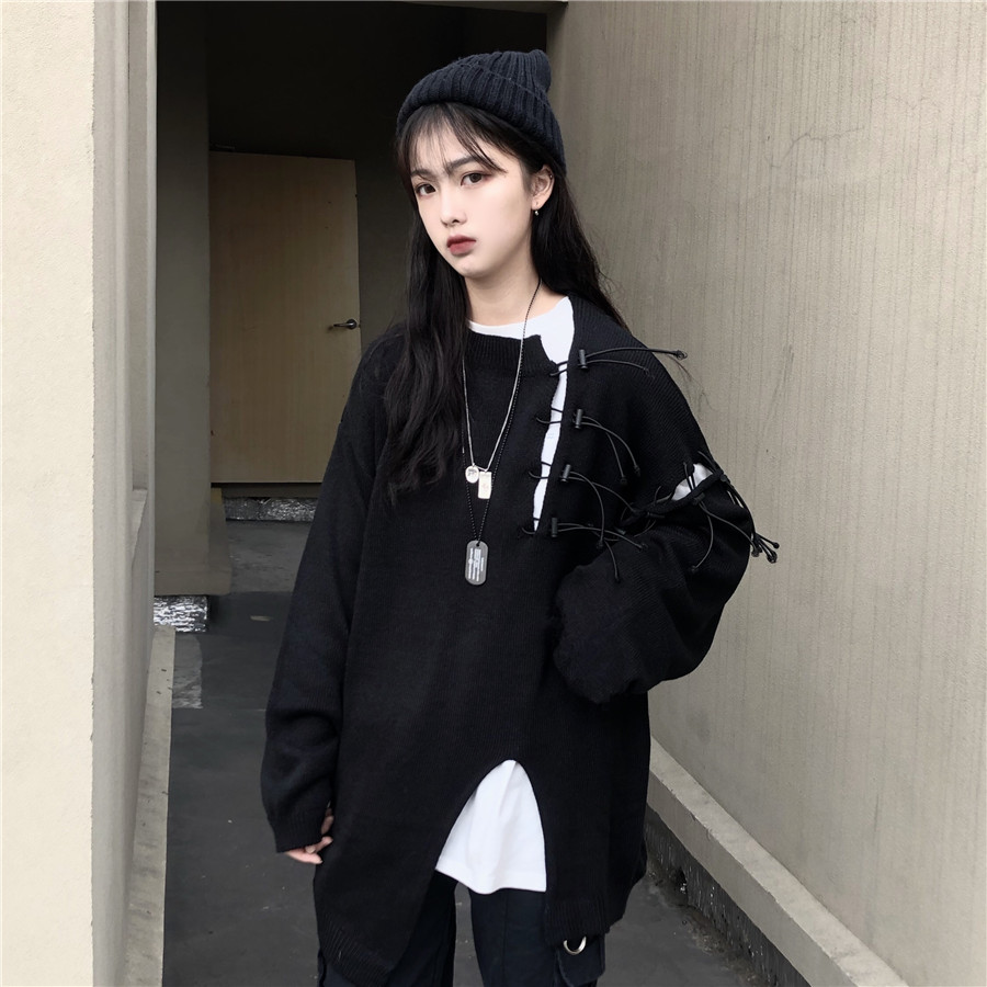 秋冬韩国ins同款原宿bf风街头暗黑系复古拼接设计不规则毛衣男女