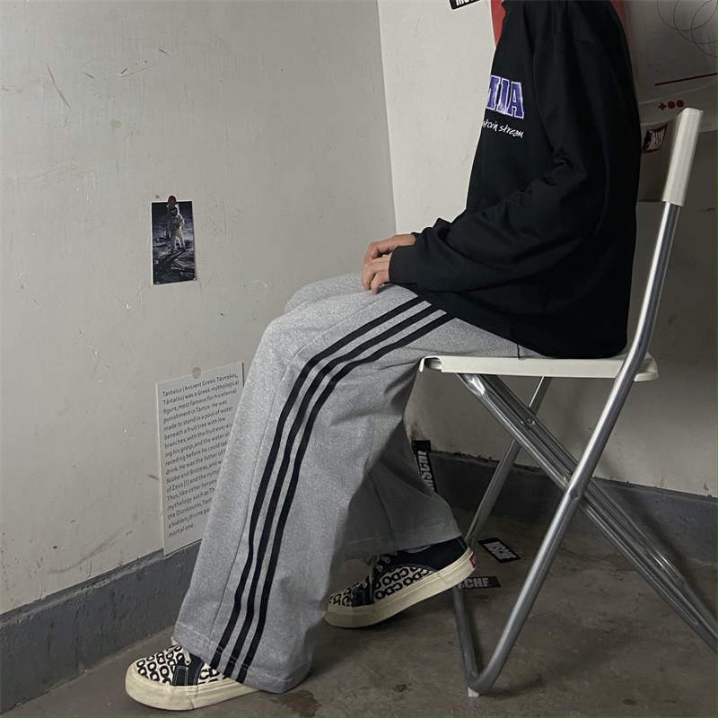 运动裤女韩版ins复古三杠直筒阔腿裤灰色宽松长裤高腰休闲裤子潮
