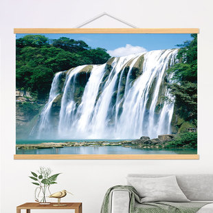 黄果树瀑布装饰画自然山水风景流水生财餐厅客厅中堂风水招财墙画