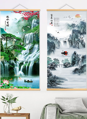 新中式山水装饰画迎客松流水生财招财风水客厅玄关办公室风景挂画