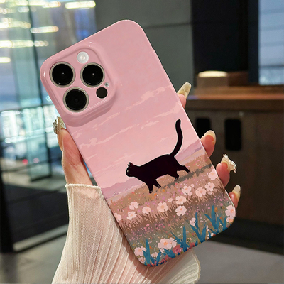 粉色花地黑猫手机壳适用iphone16promax苹果15pro全包简约14菲林软壳13华为mate70荣耀300红米k80vivos20外壳