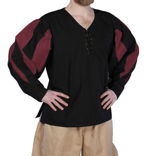 复古中世纪话剧演出服欧美男拼色领口绑带衬衫剧本杀cosplay上衣