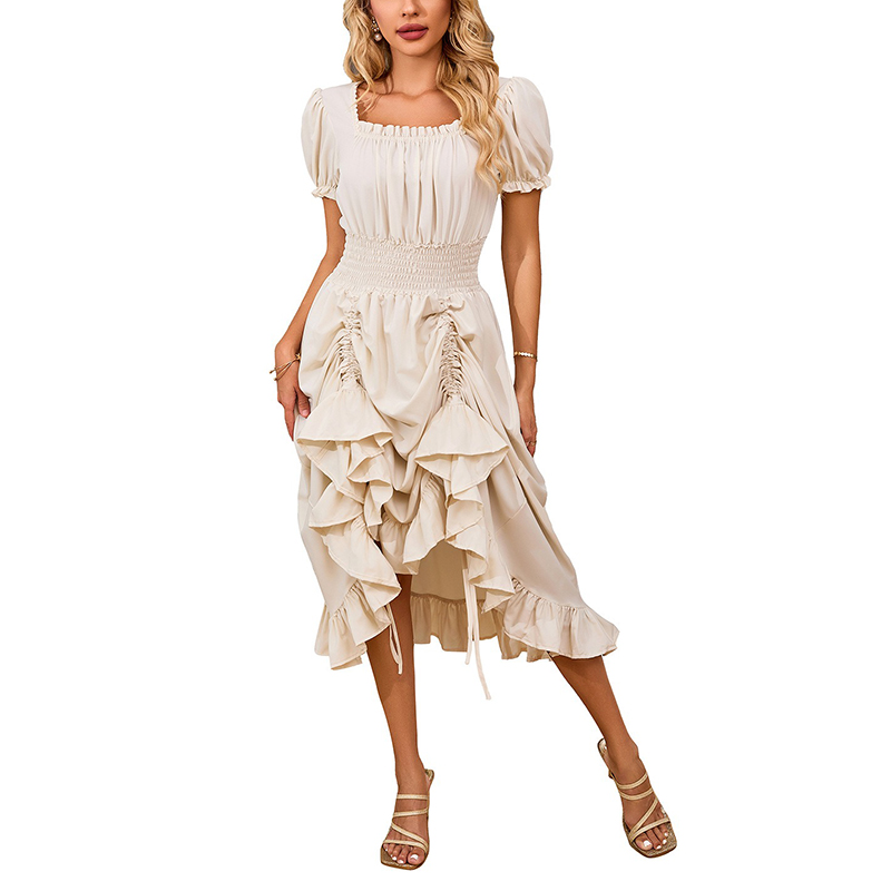 复古欧美文艺复古方领短袖连衣裙中世纪cosplay舞台表演抽绳长裙