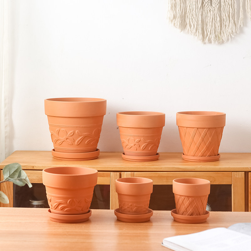 红陶浮雕雕刻圆形透气陶土花盆多肉花卉绿植盆栽大号粗陶泥瓦盆