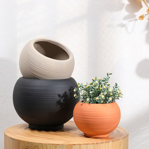 鼓圆形手工拉丝陶瓷花盆透气有孔