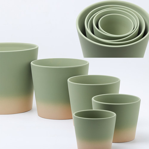 渐变色陶土素烧陶瓷花盆有孔带托