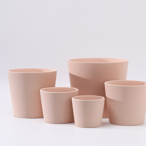 亚光暗粉色陶瓷花盆有孔带托盘