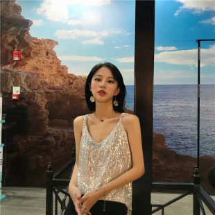 2020大码 性感亮片V领吊带内搭背心女夏外穿胖mm宽松百搭上衣 时尚