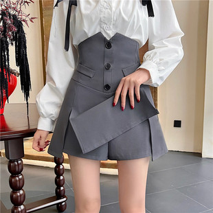 大码超高腰开叉a字短裙女夏秋季款百搭西服甜辣妹修身灰色半身裙