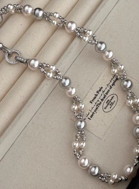 新款法式复古不规则双层编织珍珠项链高品质施家正圆锁骨链