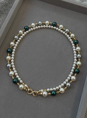 双层混彩施家珍珠麻花扣项链女轻奢高级感小众毛衣链百搭饰品