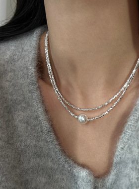 S925银施家正圆强光珍珠碎银子项链女小众设计锁骨链