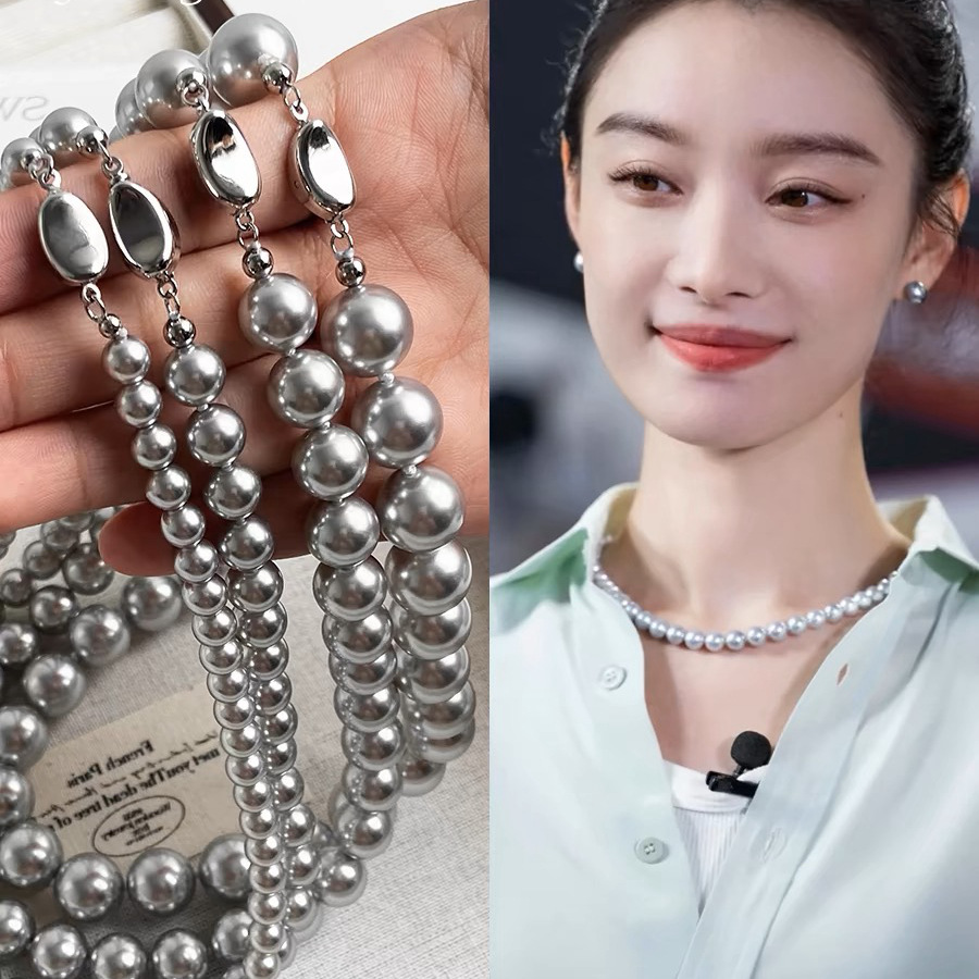 S925银元宝扣施家真多麻银灰色强光正圆珍珠项链小众气质七夕礼物