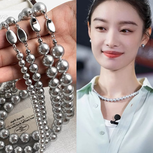 S925银元宝扣施家真多麻银灰色强光正圆珍珠项链小众气质七夕礼物